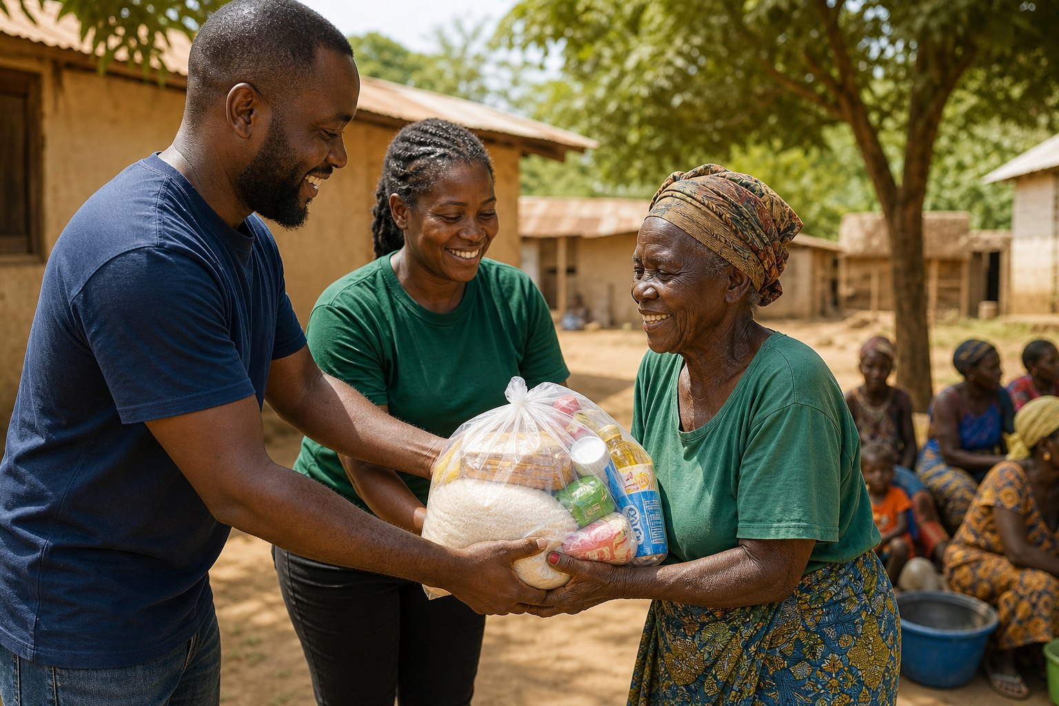 Volunteers sharing a food and hygiene parcel with an older woman in a Sierra Leone community