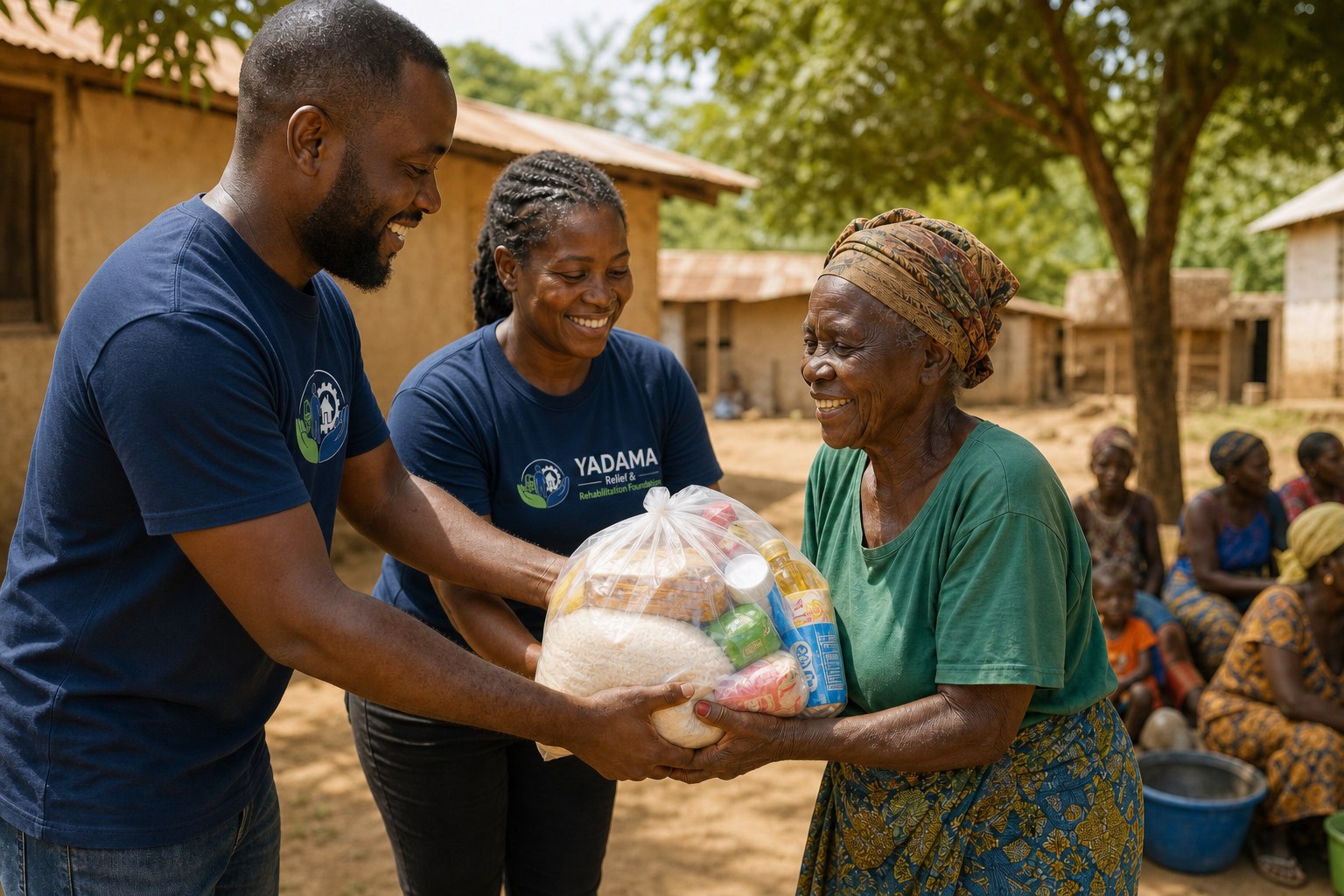 YADAMA volunteers sharing a food and hygiene parcel with an older woman in a Sierra Leone community