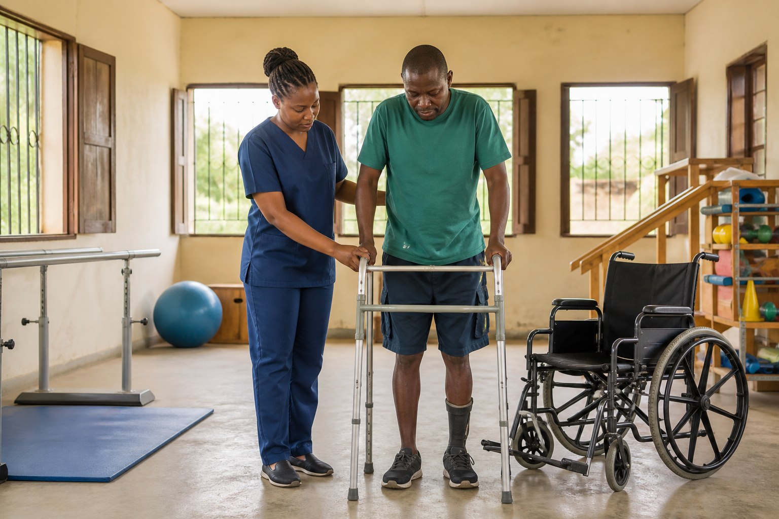 A rehabilitation professional supporting a man practising walking with a frame